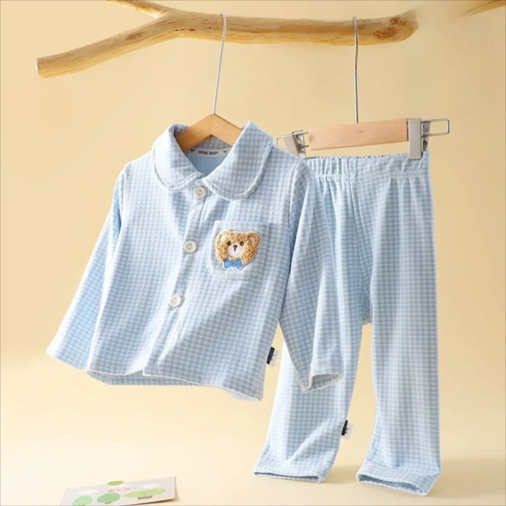 Soft Long Sleeve Pajamas Suits Plaid Printed Pajamas Top Bottom Loungewear Sets Two-Piece Set Children's Sleepwear Home