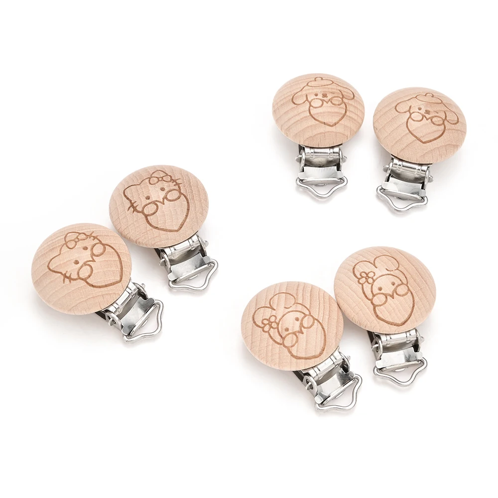 

6Pcs 30mm Wood Round Pacifier Clip Cute Sanrio Cartoon Pattern Pacifier Clips Beech for Baby DIY Pacifier Chain Accessories