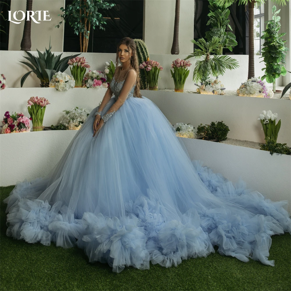 LORIE Céu Azul Tule Formal Prom Vestidos Glitter Mangas Compridas A-Line Backless Vestido De Noite Pageant Ruffles Vestidos De Festa