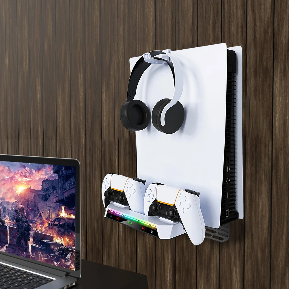 Wall Bracket with Charging Station RGB Light Wall Stand Metal Wall Hanging Charger Stand for PS5 Slim/PS5 Console Disc & Digital