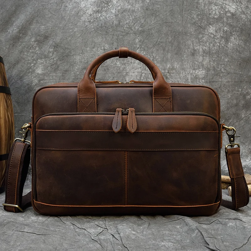 Retro Laptop Briefcase Bag Genuine Leather Handbags Casual 15.6\