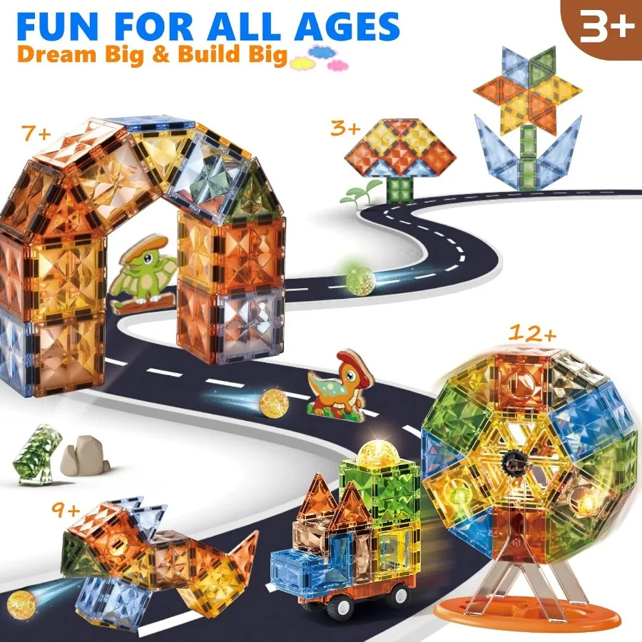 BINZKBB البلاط المغناطيسي 110 قطعة - مكعبات بناء مغناطيسية مضاءة ثلاثية الأبعاد لألعاب الديناصورات الإبداعية المكدس الحسي التعليمي STEM Con
