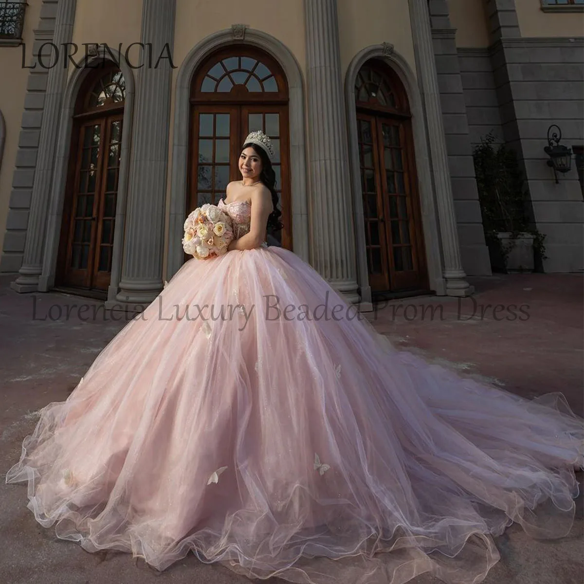 2024 Pink Quinceanera Dress Applique 3D Floral Strapless Beading Princess Mexican Ball Gown Formal Luxury Vestidos De XV Anos