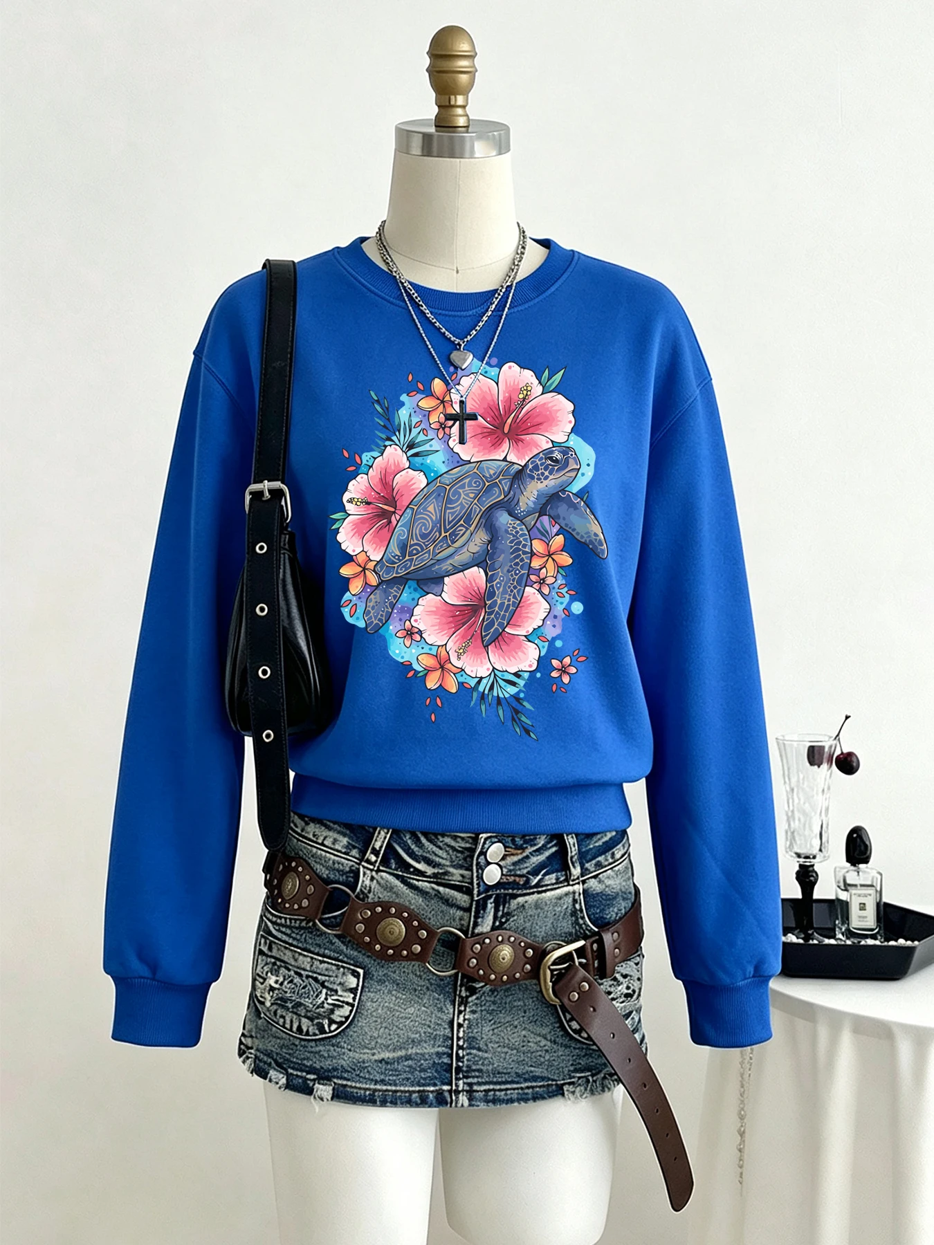 Watercolor Sea Turtle Hibiscus Flower Print Women'S Y2K Sweatshirt Fleece O-Neck Streetwear Loose Pullover Unisex Autumn Clothes