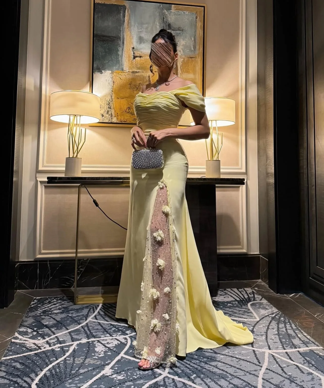 Customized Saudi Elegant Yellow Prom Gown Women's Floral Lace Evening Dress Floor Length Off Shoulder Formal Occasion Dresses