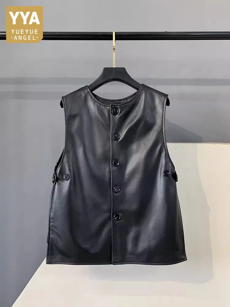 

Hot Sale Autumn Genuine Leather Women Vest Sleeveless Jacket Single Breasted Waistcoat O-Neck Natural Sheepskin Ladies Vests
