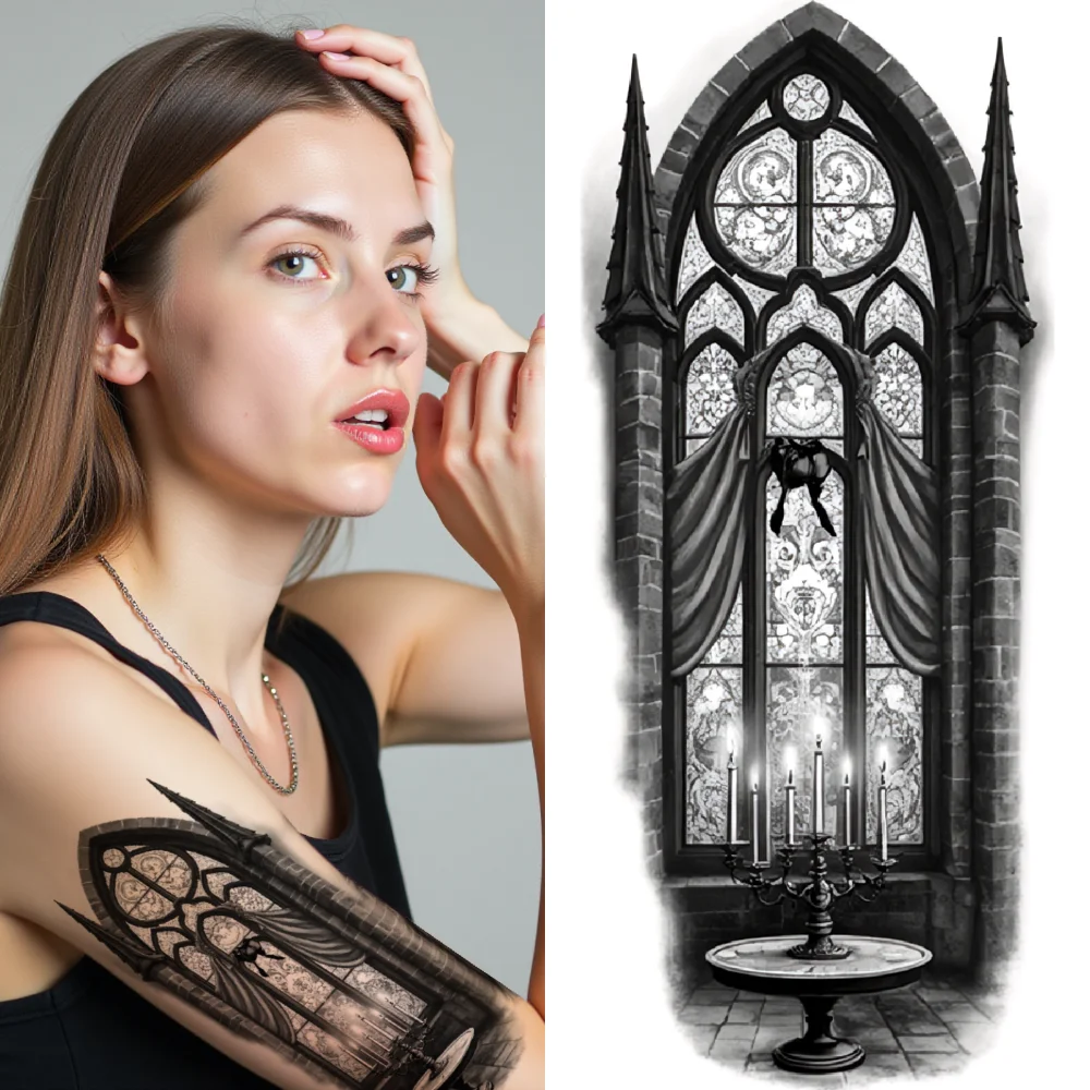 

3pcs Temporary Tattoo Black And Grey Realism Potion And Scroll Dove And Columns For Adults Thighs Women
