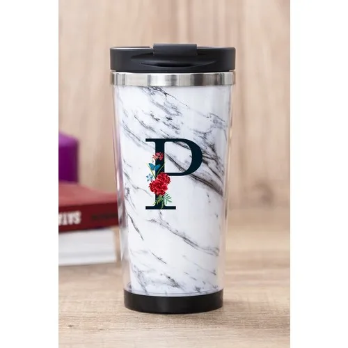 Gift Shop Letter P White Marble Thermos Cup