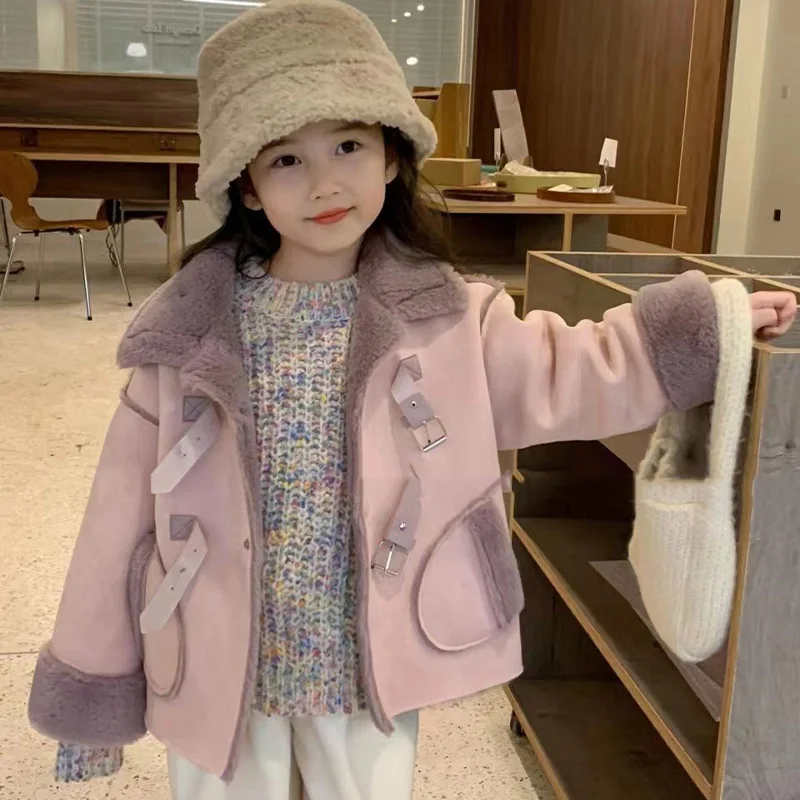 2-6Y Girls Coat Deer Skin Velvet Composite Rabbit Hair Super Soft Warm Coat Children Fleece Warm Casual Jacket