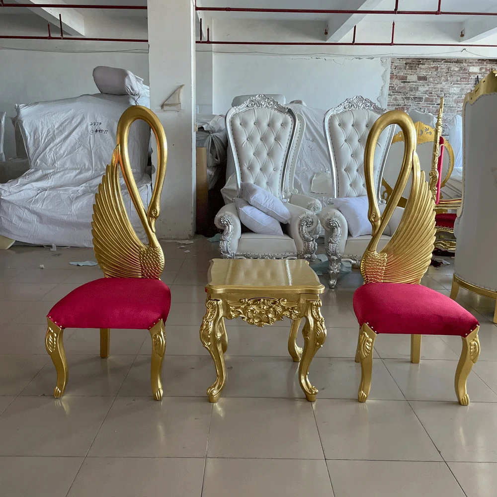 2PCS Luxury princess prince king queen throne chair white and gold bride and groom chair swan shape wedding throne chair