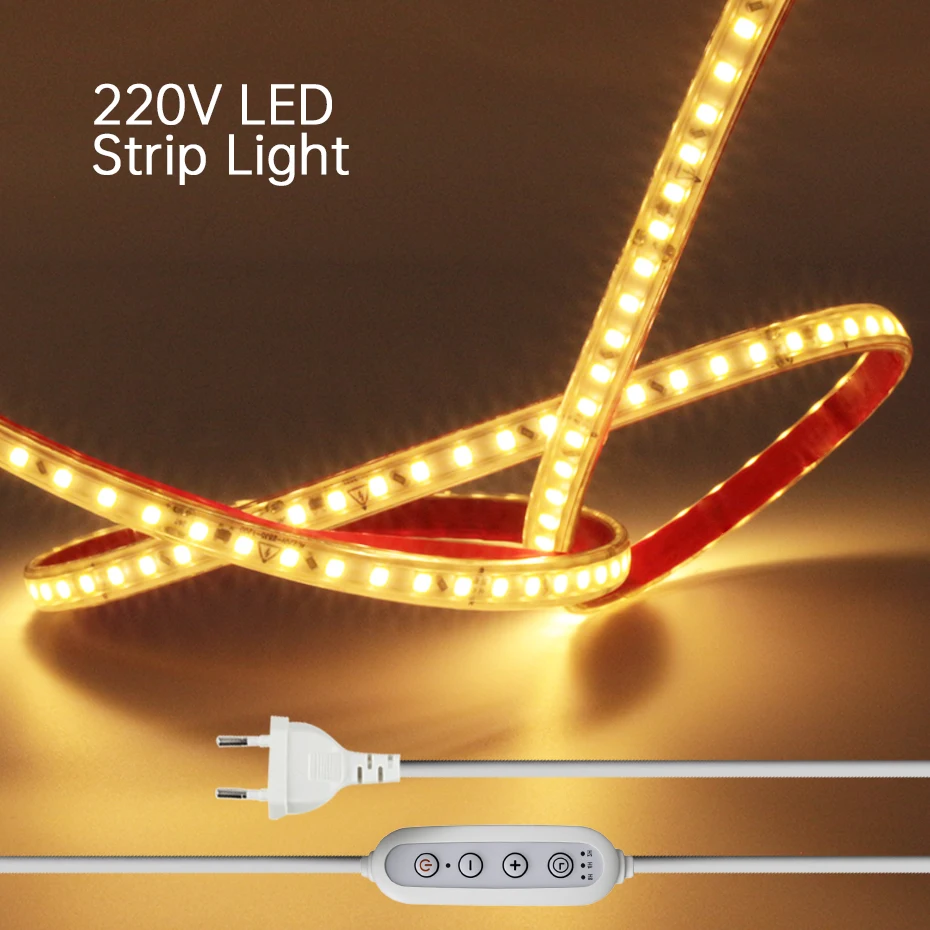 

Светодиодные ленты с регулируемой яркостью 220 В SMD 2835 EU AU UK Разъем затемнения времени Теплый холодный белый Домашнее освещение Водонепроницаемая светодиодная лента