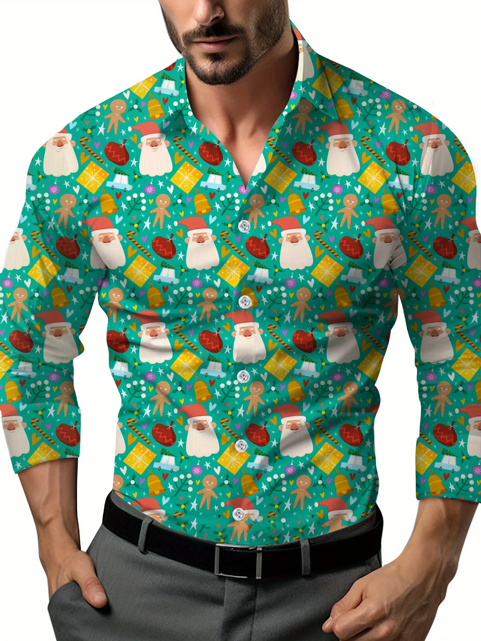 New Men's Spring Autumn Trend Fashion Shirt For Christmas Party Carnival Casual Digital Print Lapel Polo Shirt Long Sleeve Shirt