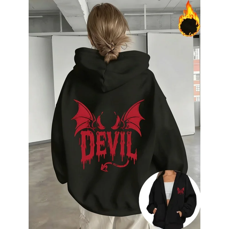 Women Zip Up Hoodie DEVIL Bat Wings Back Print Long Sleeve Oversized Hooded Jacket Casual Pocket Sweatshirt