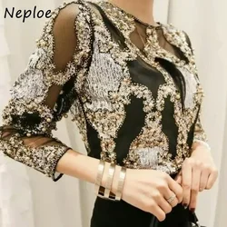 Neploe Heavy Beading Embroidery Ladies Tops Women Sequined Fashion Female Shirt Loose Long Sleeve O-Neck T-shirt Top Blusas