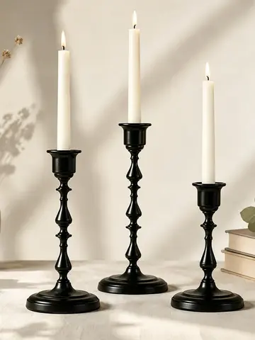 Retro Sculpted Black Candlestick Trio Graduated Height Design Candle Holder for Gothic Dinner Gathering Wedding Console Table
