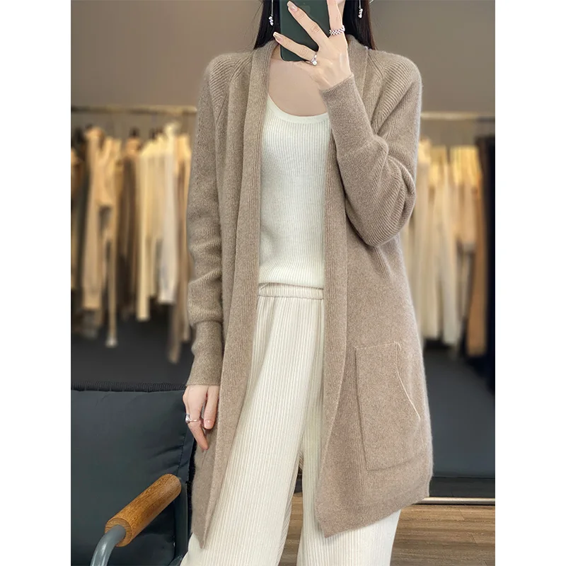 Pure Cashmere Cardigan Jacket Women\'s Medium Length Thickened Pocket Scarf Collar Versatile Wool Knit Outer Layer Sweater