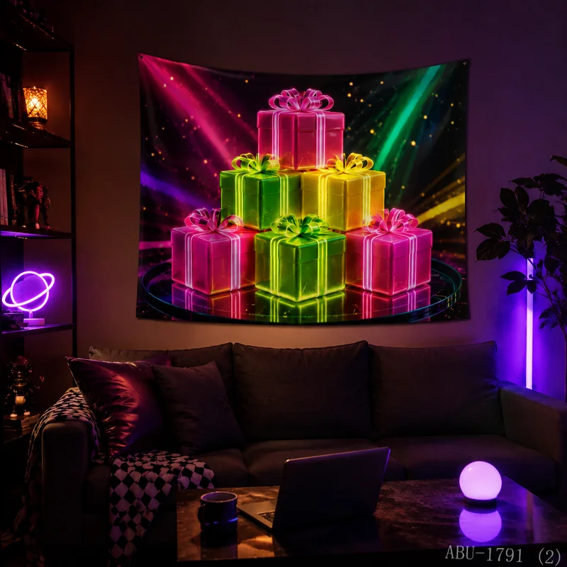 VIKAMA Neon Rainbow Gift Box Pyramid Snowflake Radiant Light Water Reflection Black Glow Christmas Tapestry Wall Hanging Bedroom