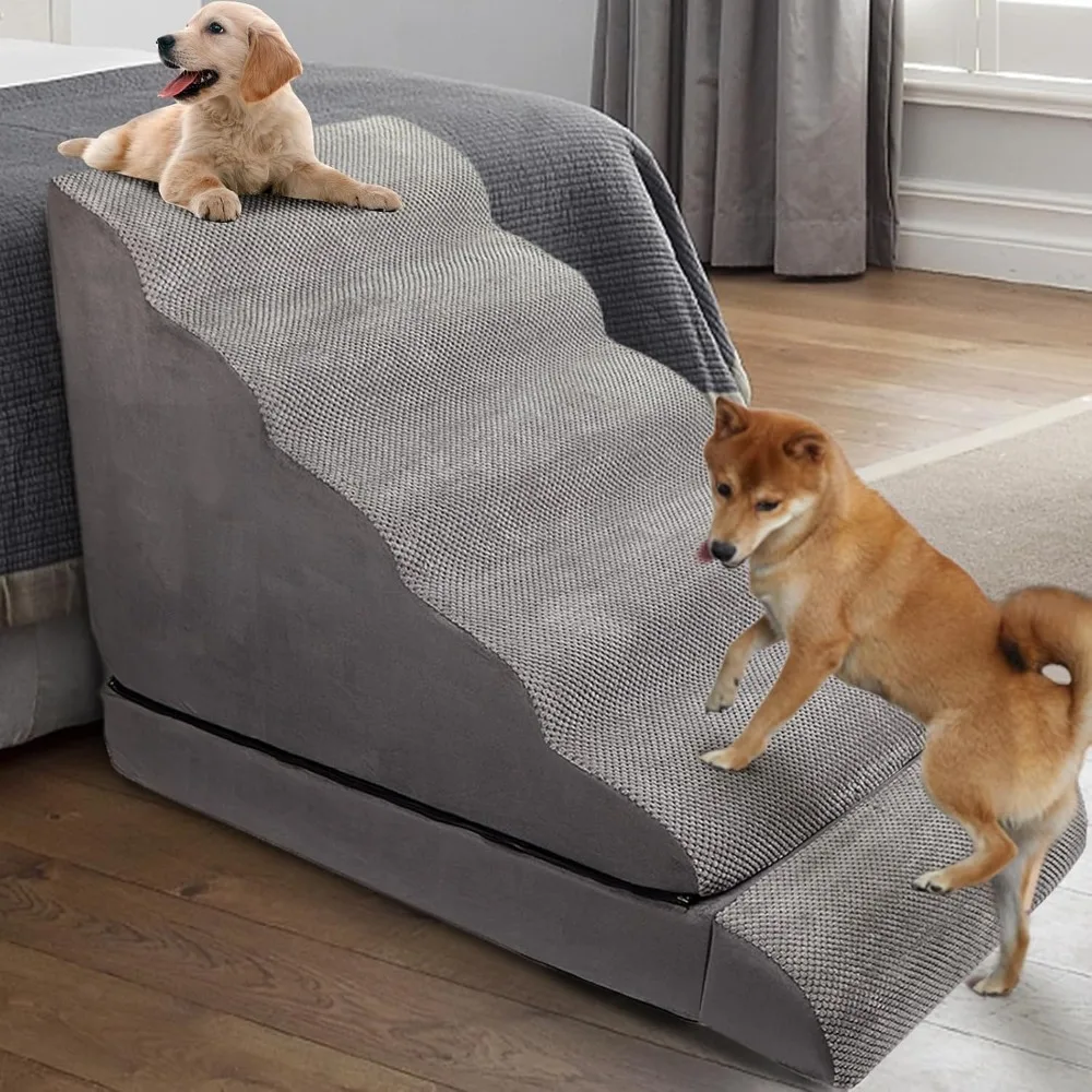 

Foam Dog Stairs for High Beds 6 Steps Pet Steps Ramp for 32 to 36 Inch Tall Beds for Small Large Old Dogs Cats Grey