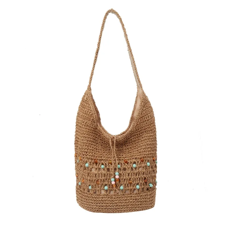 

Summer Woven Straw Vacation Shoulder Bags Drawstring Lightweight Shoulder Bags Colorful Beads Bohemian Style Handbags for Women