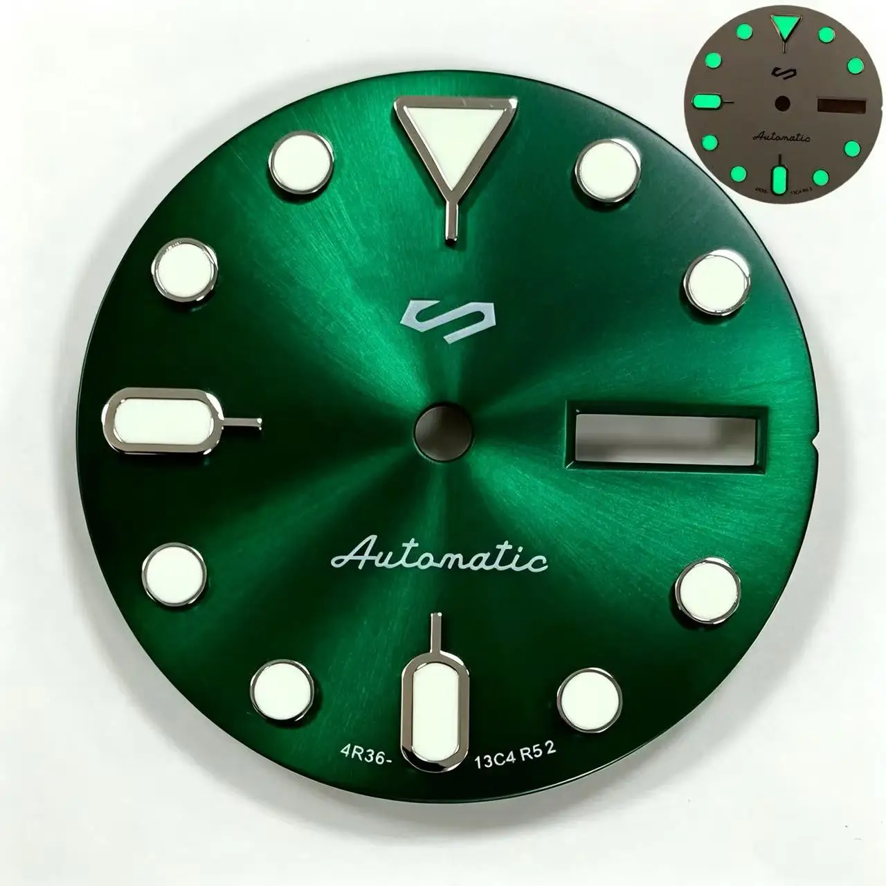 28.5mm NH36 dial with C3 green luminous, original mechanical watch, S dial, double calendar, suitable for Seiko Abalone mod