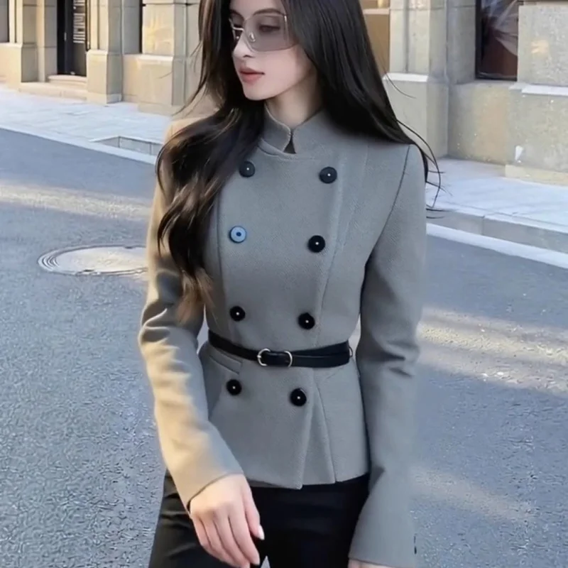 موضة جديدة سترة صوفية المرأة الخريف الشتاء موضة مزدوجة الصدر الوقوف طوق الخصر النحيف أنيقة معطف قصير أبلى #6