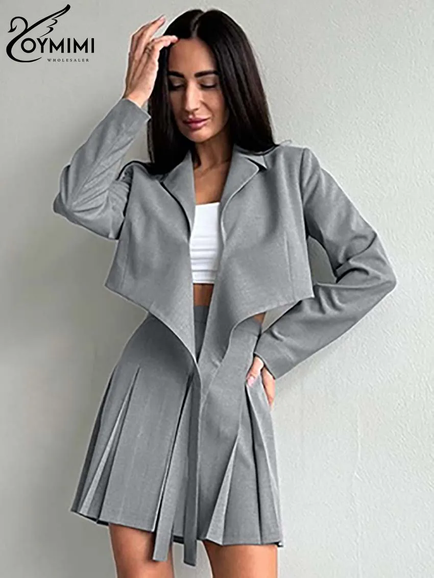 Oymimi Elegant Grey Two Piece Set For Women Casual Lapel Long Sleeve Lace-Up Blouses And High Waisted Pleated Mini Skirts Sets