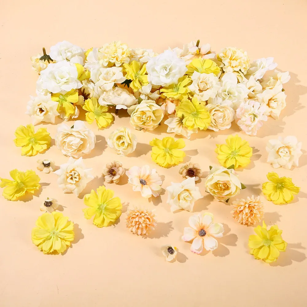50Pcs High Quality Multicolor Faux Flower Heads DIY Silk Artificial Flowers Heads Fake Peony Daisy Rose Flowers Party Supplies
