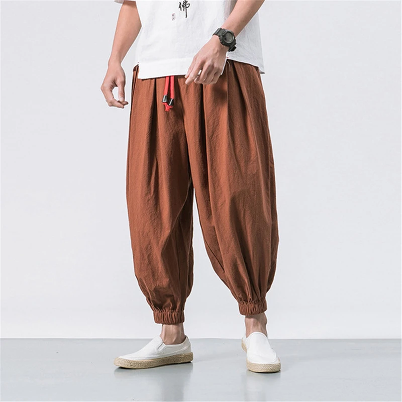 Cotton Linen Harem Pants Men Solid Elastic Waist Streetwear Joggers Baggy Pants Spring Men Loose Casual Trousers Men Sweatpants