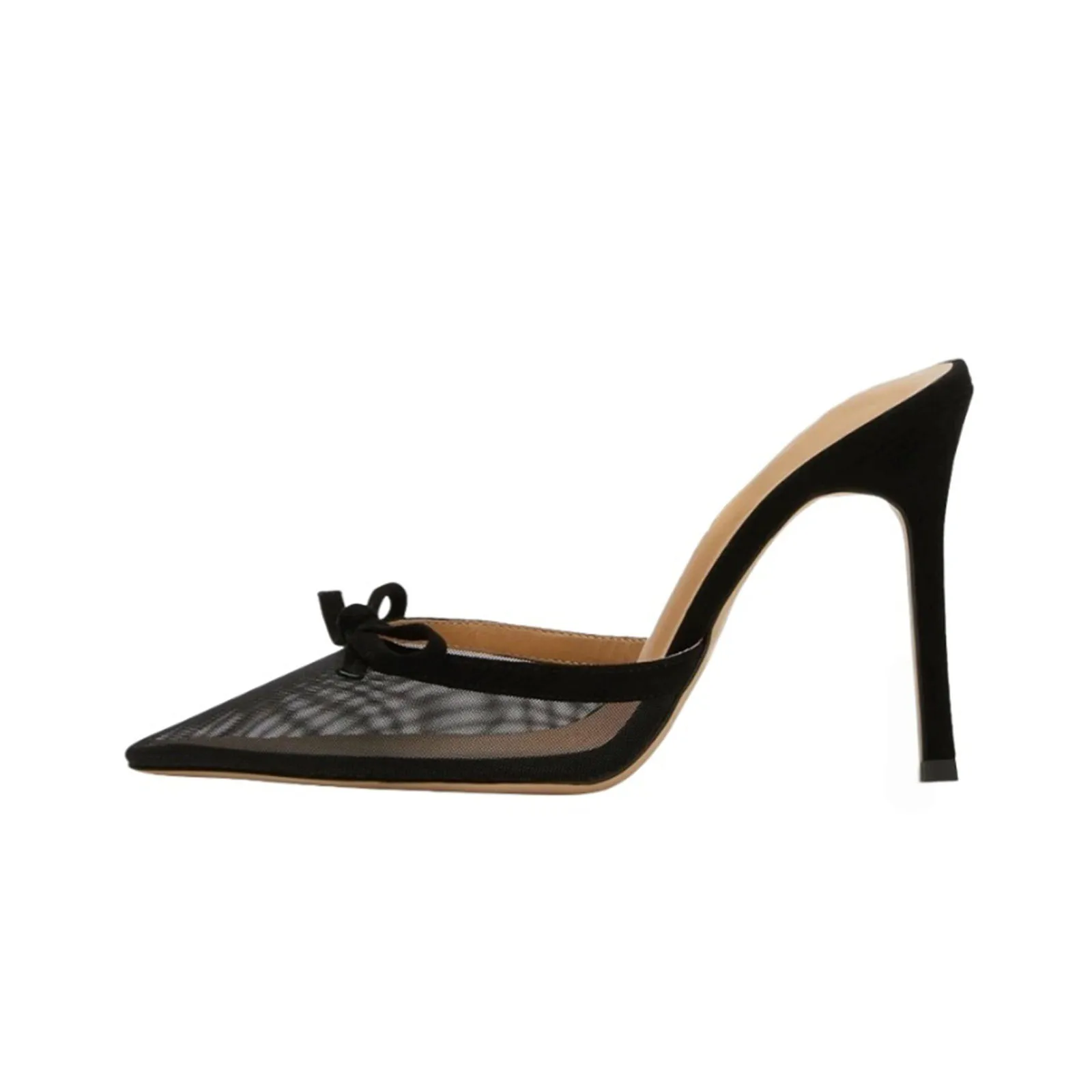 

Arden Furtado 2025 Summer black mesh thin heels Mules Pointed toe bowknot Hollow Super high heel Closed toe slippers