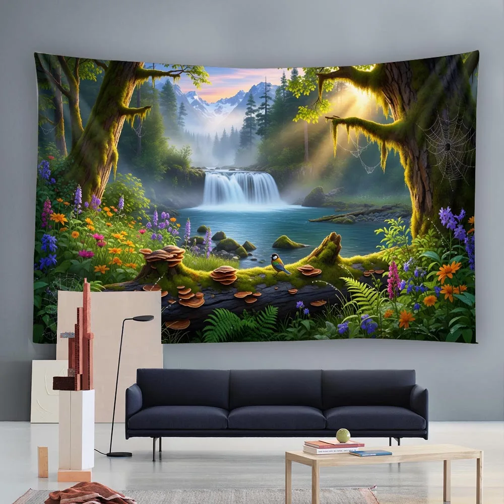 

Wonderland Mushroom Forest Tapestry Stream Waterfall Dreamy Plants Fabric Mural Bedroom Living Room Dormitory Decoration