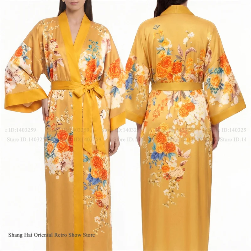 

Women Floral Print Satin Kimono Robe Loungewear Luxury Satin Nightwear Bride Bridesmaid Long Bathrobe Sleepwear Loose Home Dress