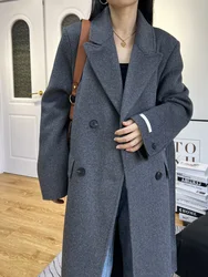 High-end Gray Women Thick Double-sided Wool Cashmere Coat Long New Loose Lapel Long Sleeve Woolen Coats Female Overcoat Winter