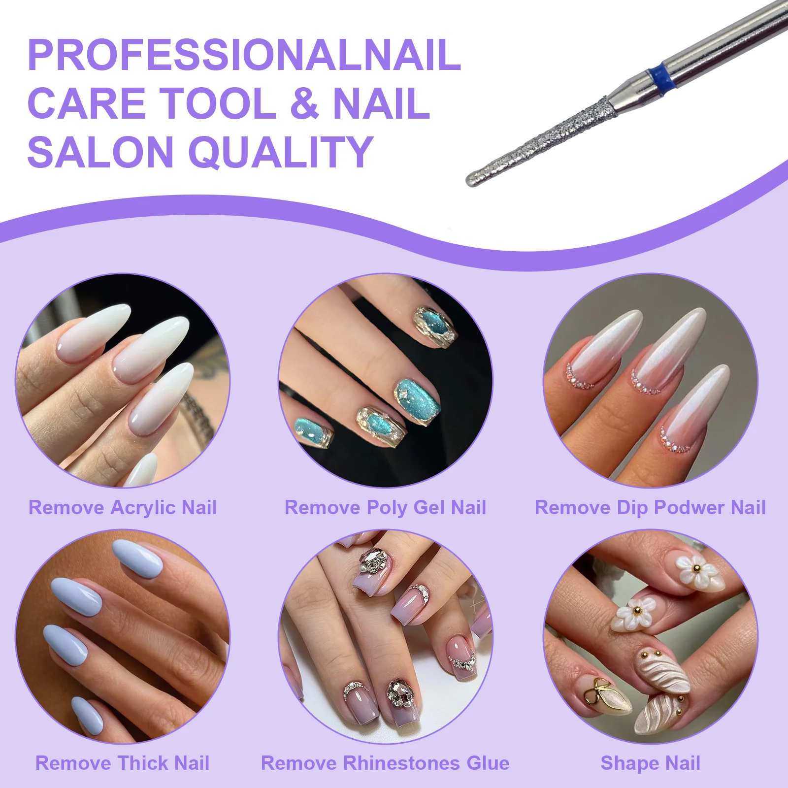 Set di 10 Punte Diamantate per Trapano per Unghie, Fresa Diamantata per Manicure 3/32\", Lima Elettrica per Unghie, Strumento per Rimozione Cuticole