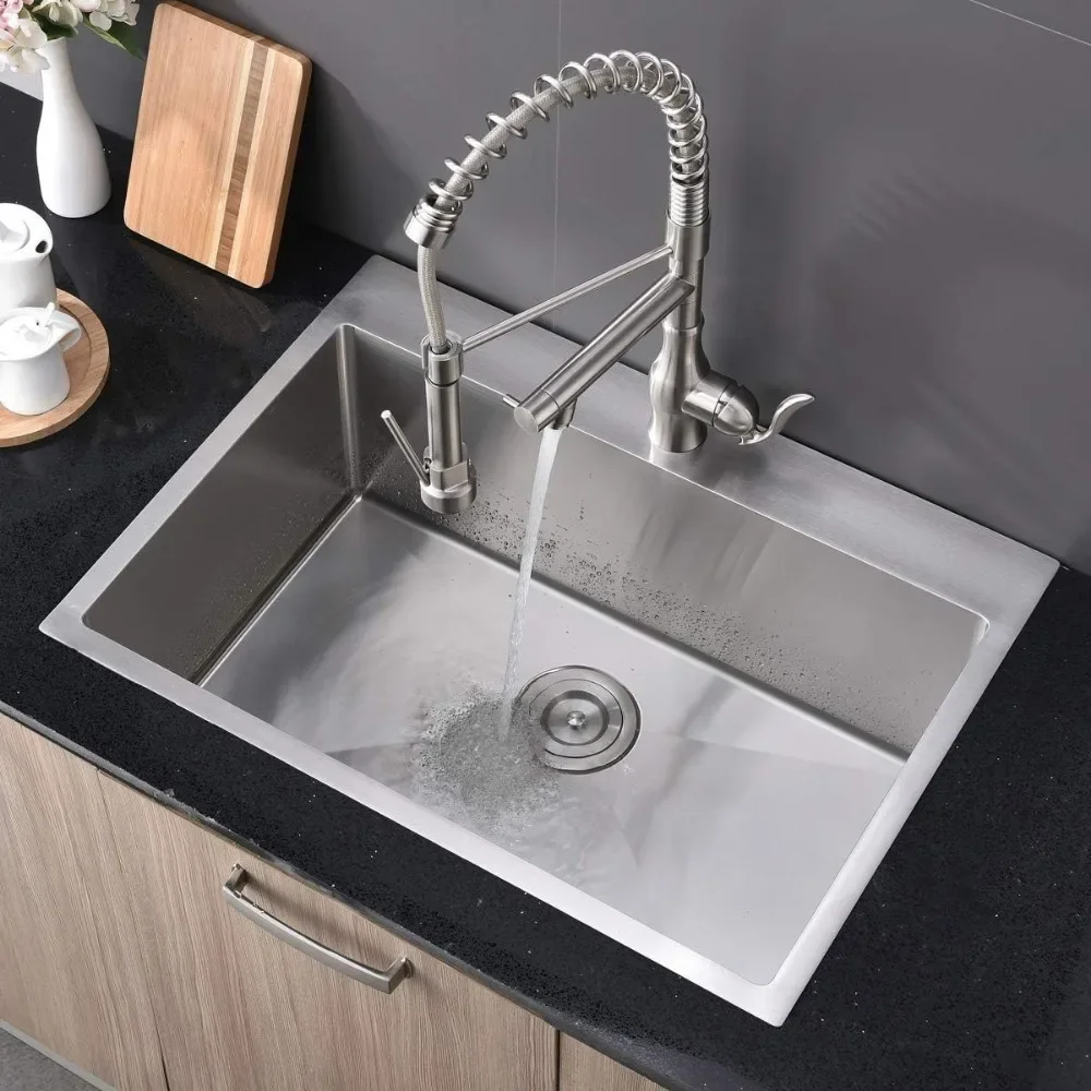 28 Inch 16 Gauge Top Mount Drop-in Single Bowl Basin Handmade T304 Brushed Nickel Kitchen Sink, 9 Inch Deep Kitchen Sinks