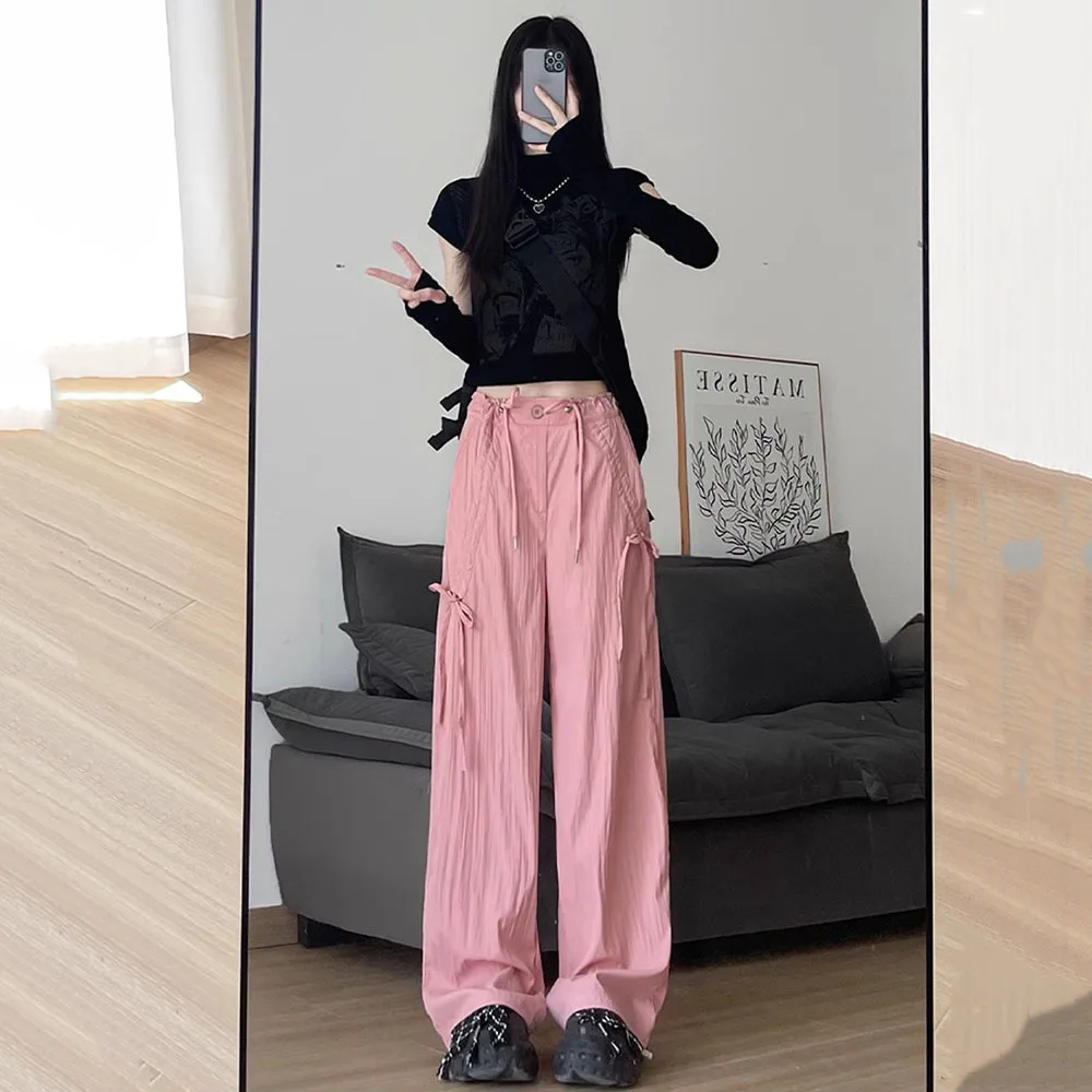 

Kpop Women Y2K Pants Streetwear Bow Tie Cargo Pants Female Casual Solid Baggy Wide Leg Drawstring Oversize Joggers Trousers 2024