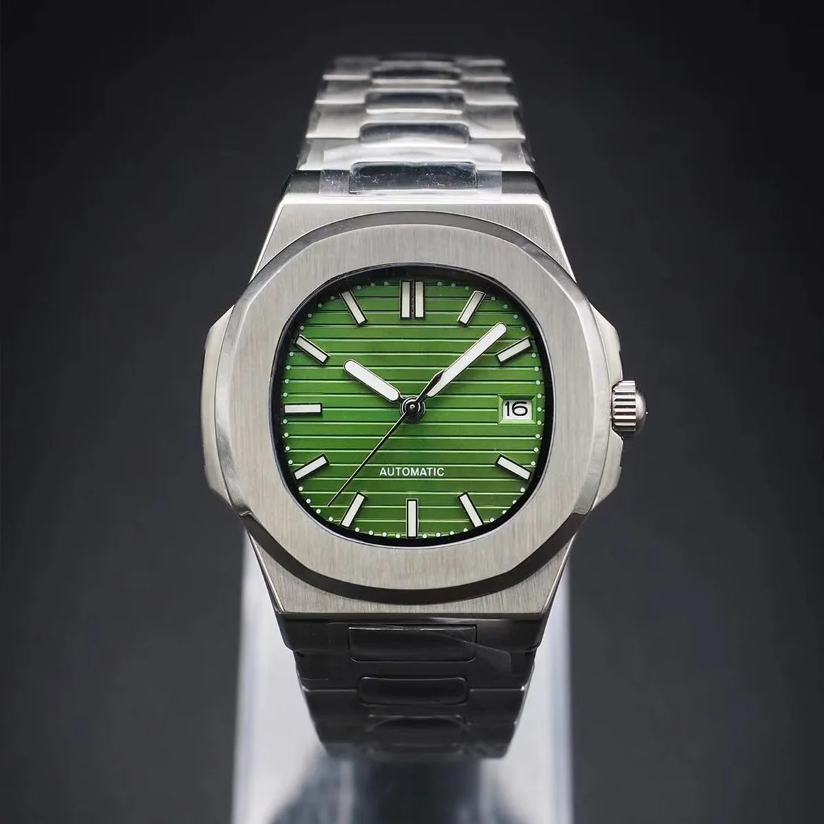 S logo NH35 40mm verde luminoso acero inoxidable mecánico automático reloj impermeable instalar movimiento NH35