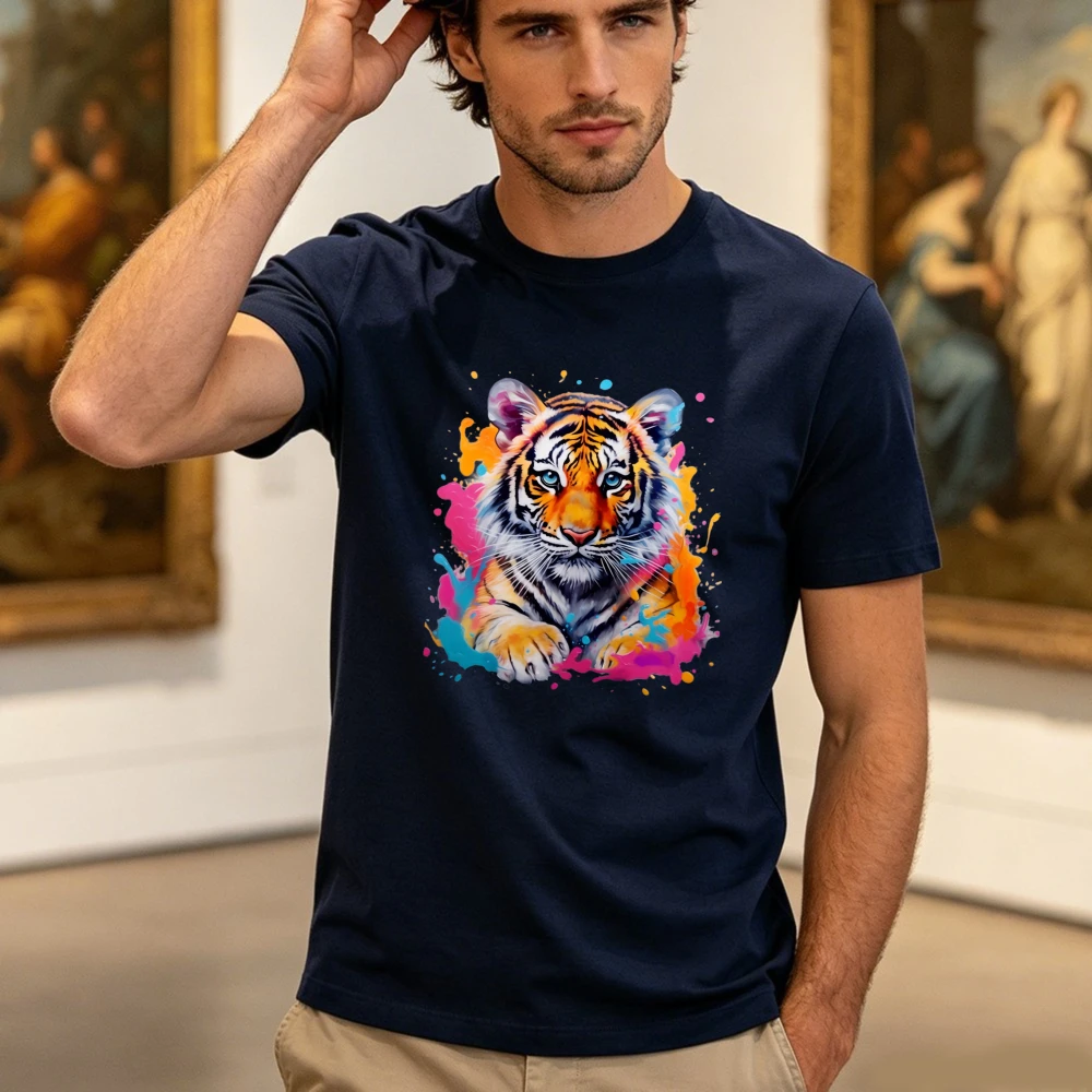 Watercolor Splash Tiger Art Graphic T Shirt Men Vibrant Wild Cat Print Tee Cotton Short Sleeve Wildlife Streetwear Daily Tops