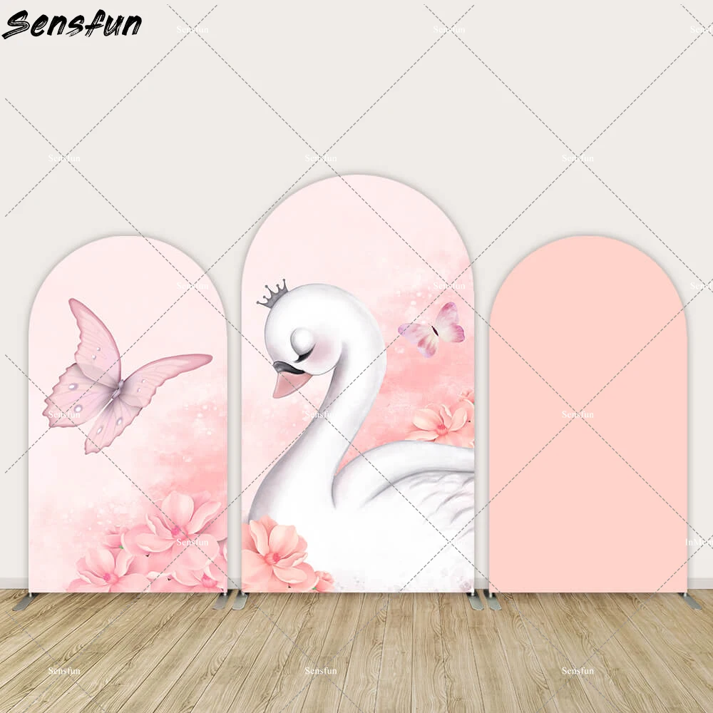 Sensfun Pink Swan Baby Shower Arch Cover Backdrop for Girl Party Decoration Peach Color Flower Butterfly Princess Background