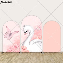 Sensfun Pink Swan Baby Shower Arch Cover Backdrop for Girl Party Decoration Peach Color Flower Butterfly Princess Background