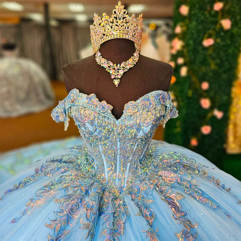 

Роскошное платье Quinceanera с кружевной аппликацией и блестками, расшитое бисером, мексиканское сладкое платье 16, Vestidos De XV 15 Anos, бальные платья 2024