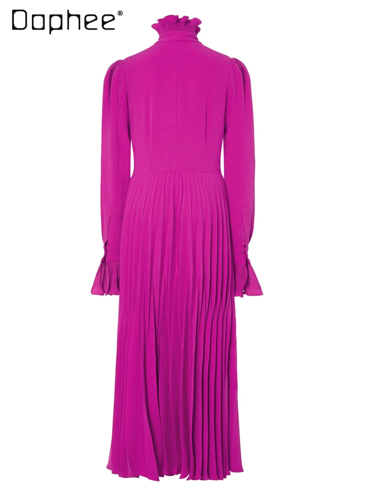 Vestido rojo rosa Vintage de gama alta para mujer, vestidos de noche elegantes con temperamento, vestido largo de manga larga con cuello redondo y volantes de lujo ligero