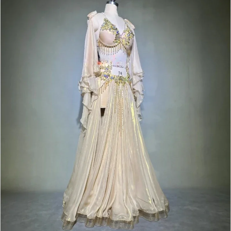 Belly Dance Professional Costume Set for Women Customized Bellydancing Pearl Bra+Chiffon Yarn Long Skirt Oriental Dance Outfit