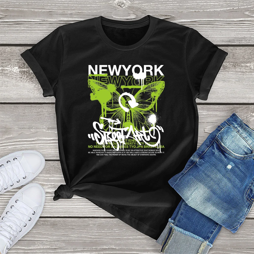 

FLC 100% Cotton Fashion Newyork Butterfly Art Clothing Gift Women Short Sleeve TShirt Oversized Casual Printed Top Crew Neck Tee