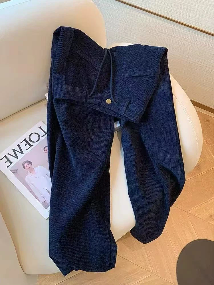 Marineblaue Cord-Freizeithose für Damen, Herbst-Plüsch, dicke Streetwear-Schnürhose mit weitem Bein, hohe Taille, gerade All-Match-Hose