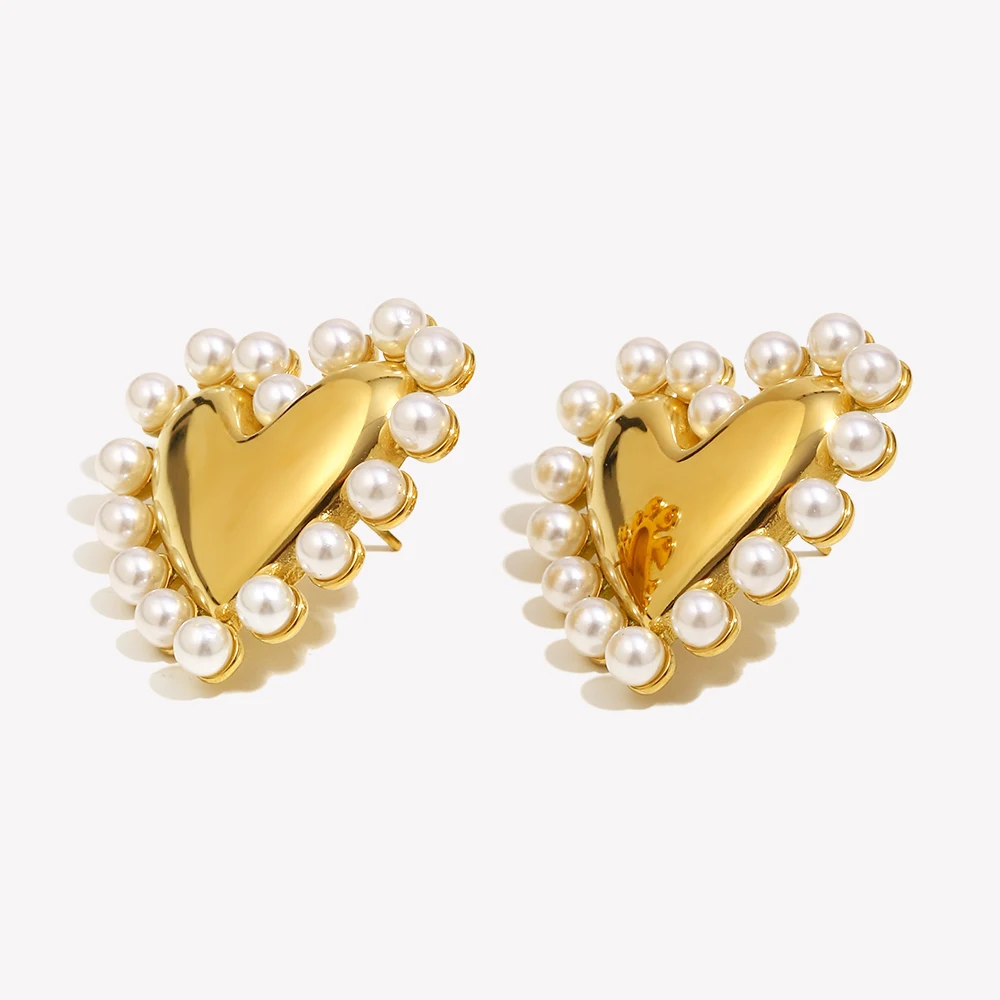 E.B.belle Outer Hoop Pearl Smooth Heart Earrings 18K Gold Plated Jewelry 316L Stainless Steel Earrings for Women