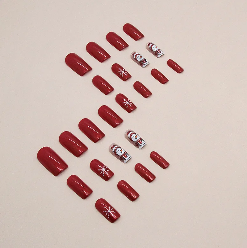 24pcs Aurora Red Christmas Press-On Nails - Snowman & Snowflake Design Long Square False Nails for Holiday Parties