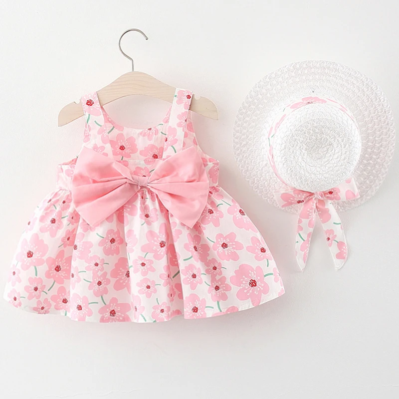 2024 Summer Baby Clothes Toddler Girl Dresses Korean Cute Bow Sleeveless Flowers Princess Dress+Sunhat Kids Clothing Set BC003