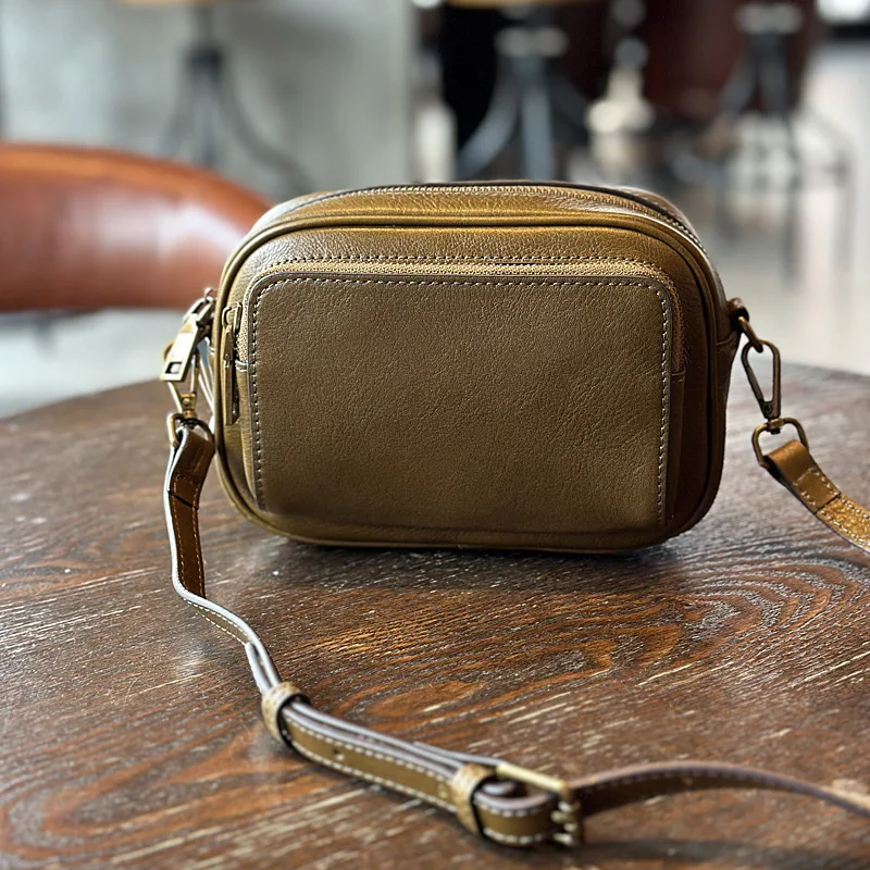 New Genuine Leather Small Square Crossbody Bag for Women 2025 Trendy Casual Shoulder Bag Multi-Pocket Adjustable Strap Handbag