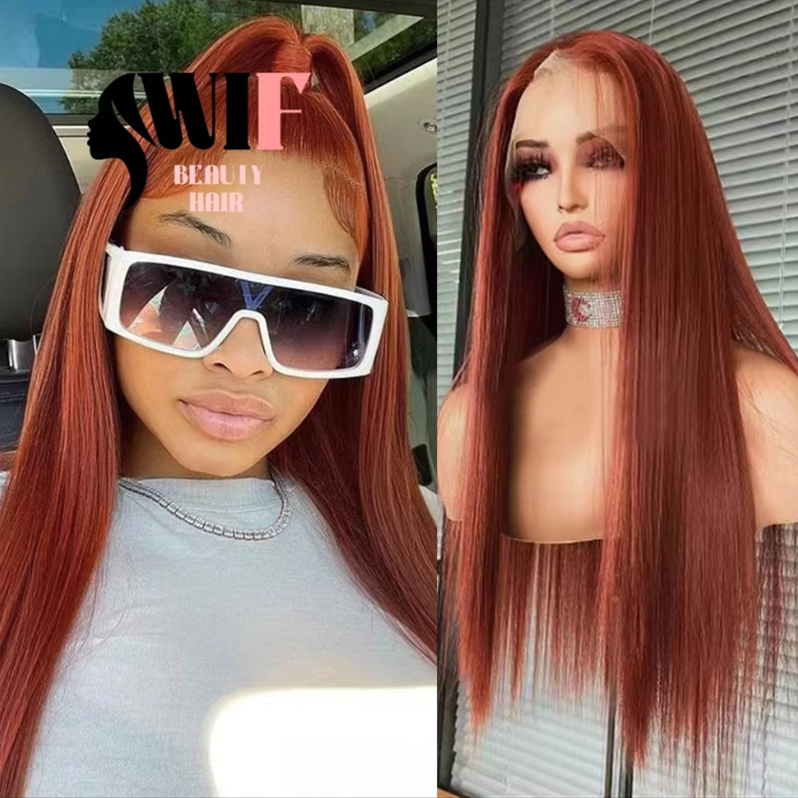 WIF Copper Red Long Straight Hair Synthetic 13x4 Lace Wig Natural Hairline Lace Front Wigs Women Use Daily Makeup Hair