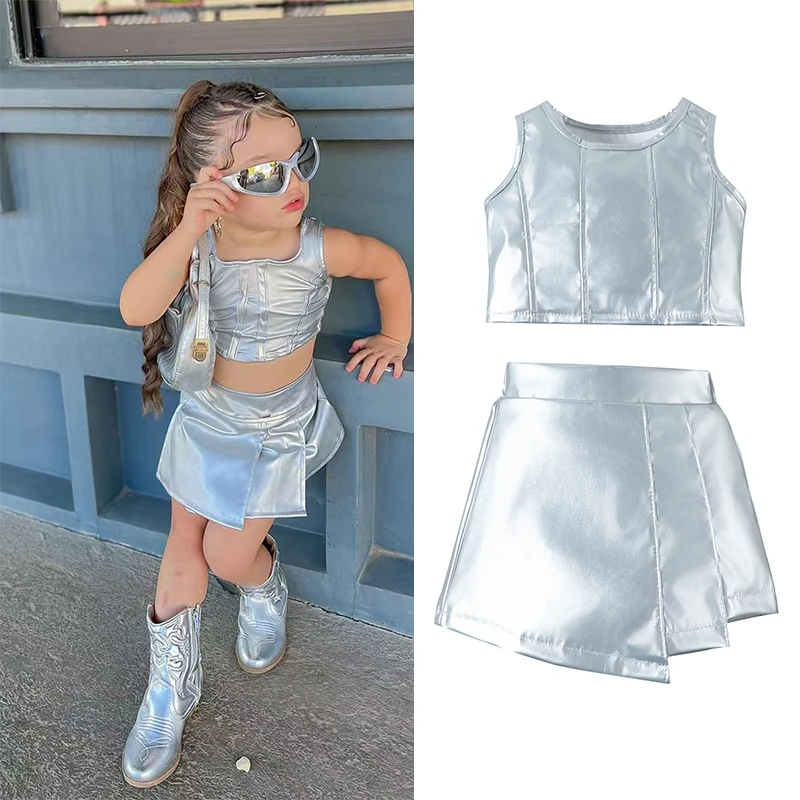 

2025 Summer Kids Girls Clothes Silvery PU Leather Vest+ Skirt 2pcs Set Fashion Children Clothing Sleeveless Suit For Girl 1-6Yrs